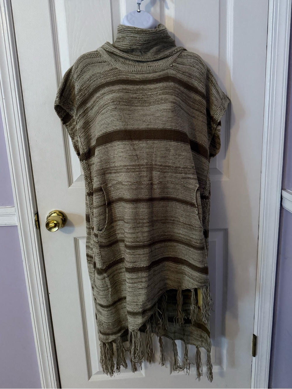 Women's Taupe Striped Fringe Turtleneck Poncho